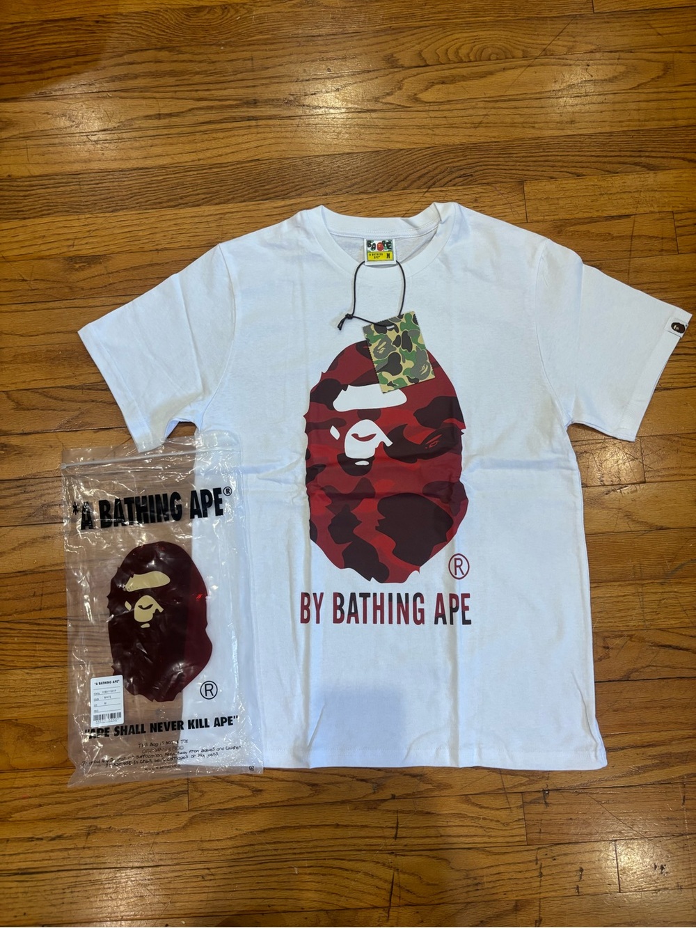 BAPE Men's White Short Sleeve Tee with Red Camo Ape Head
